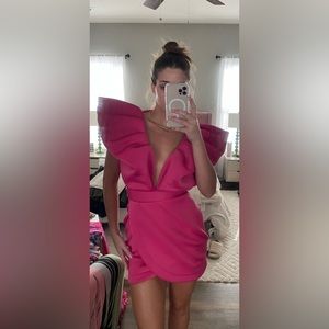 Mable Clothing hot pink bubble sleeve wrap mini dress